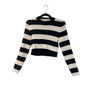 Happily Grey Cropped Sweater Black White Stripe Ribbed Mock Neck‎ Juniors Large
